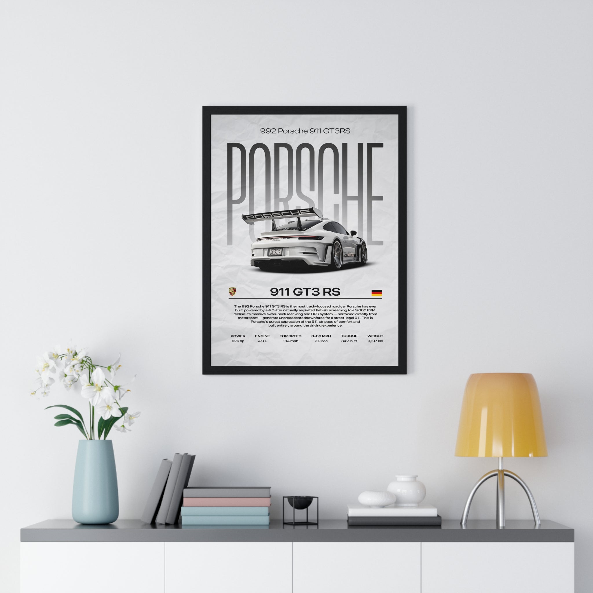 White 992 Porsche 911 GT3RS Framed Graphic Poster