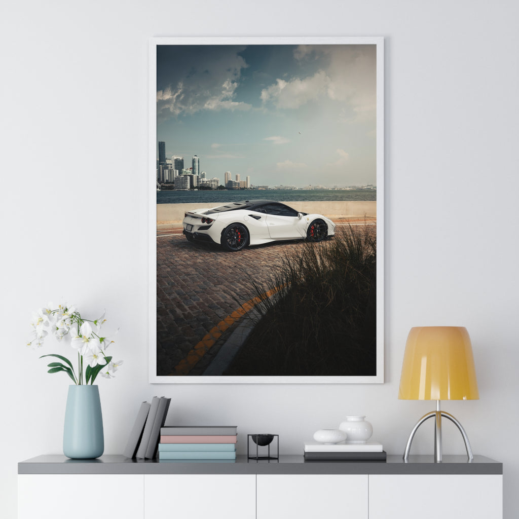 White Ferrari F8 Miami Framed Poster