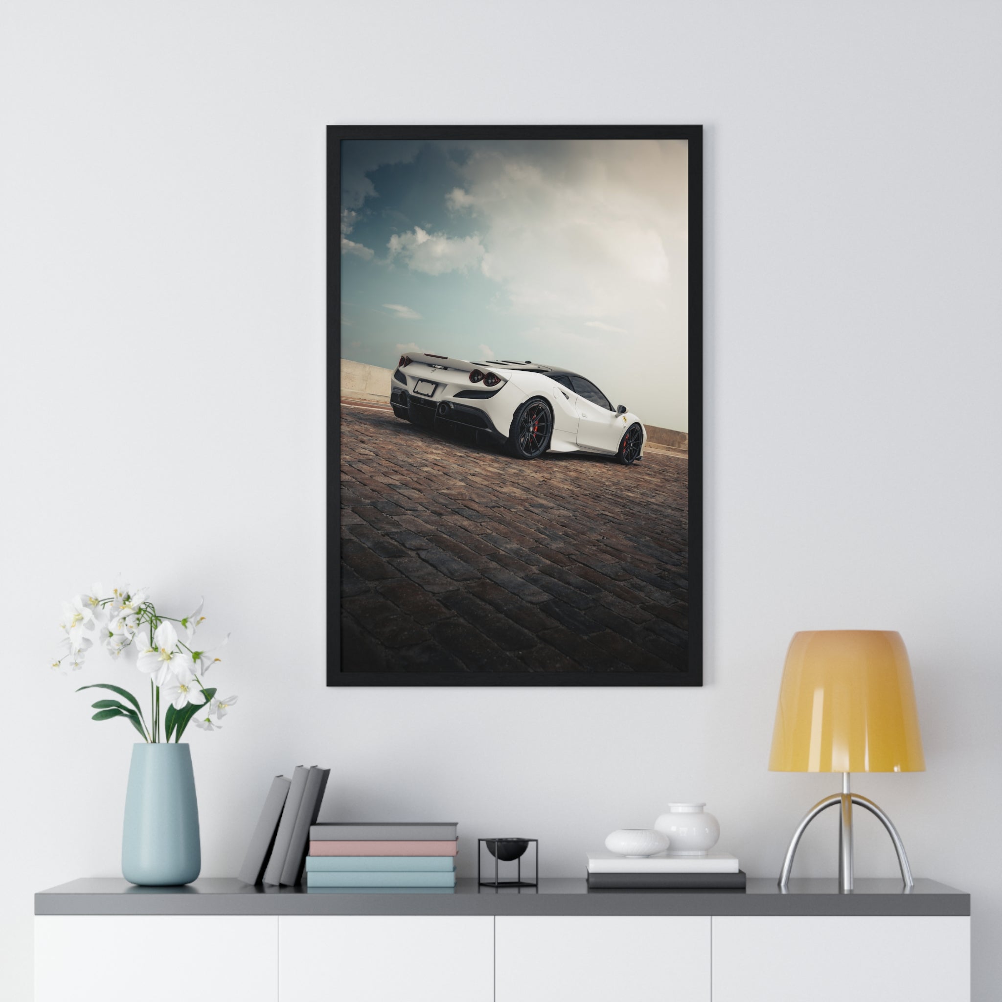 White Ferrari F8 Framed Poster