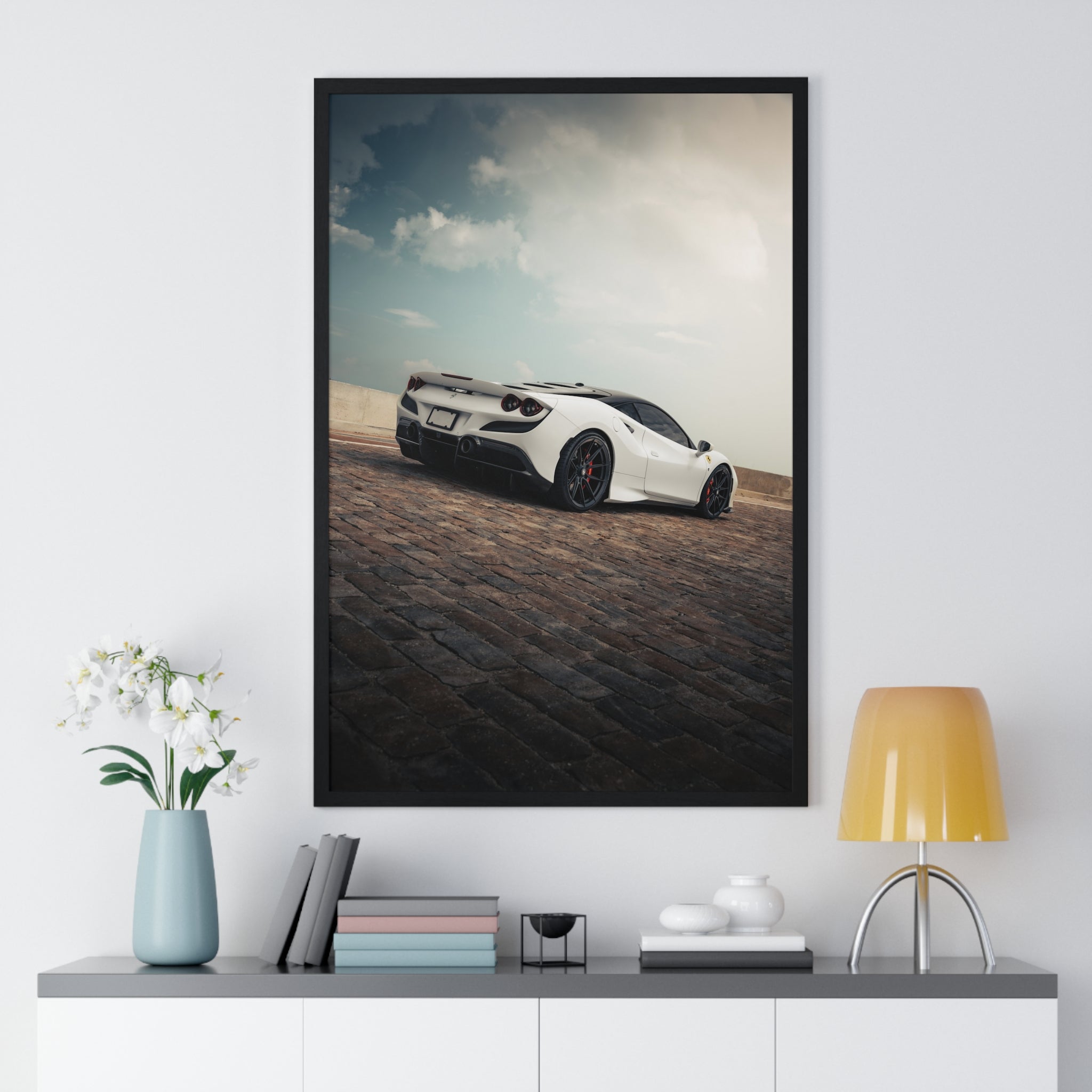 White Ferrari F8 Framed Poster