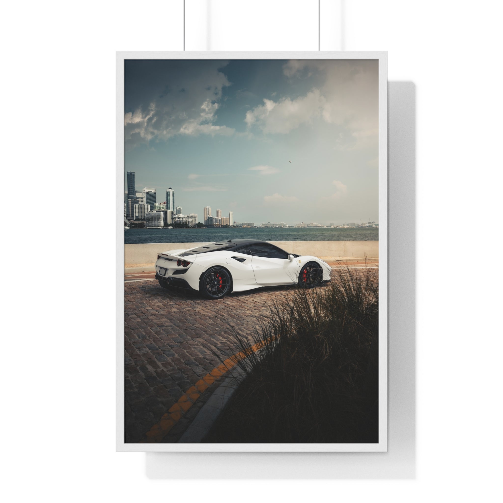 White Ferrari F8 Miami Framed Poster