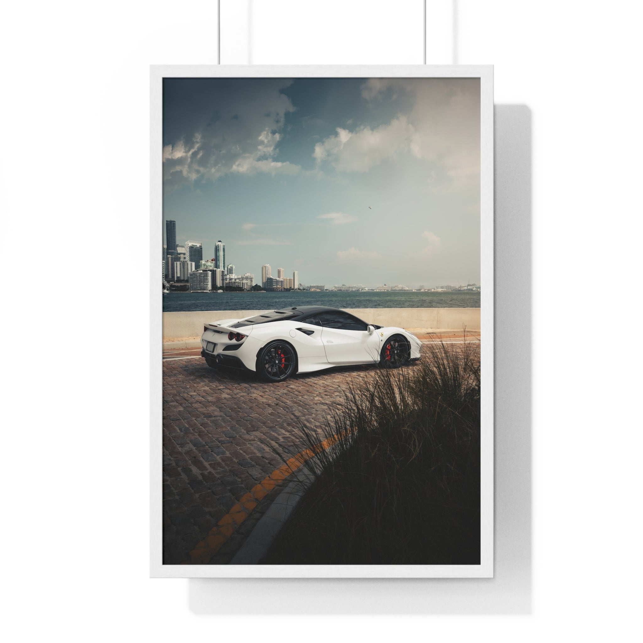 White Ferrari F8 Miami Framed Poster