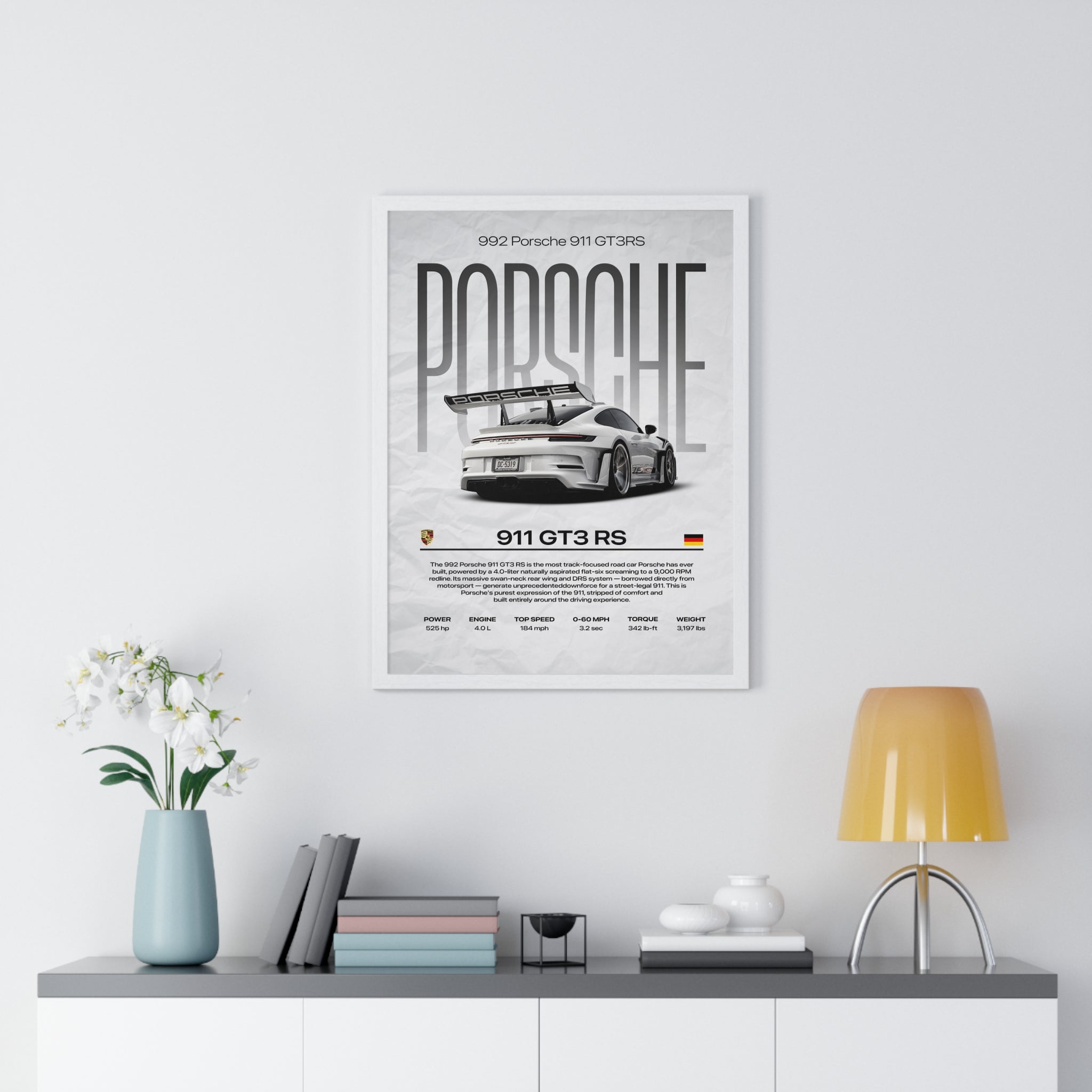 White 992 Porsche 911 GT3RS Framed Graphic Poster