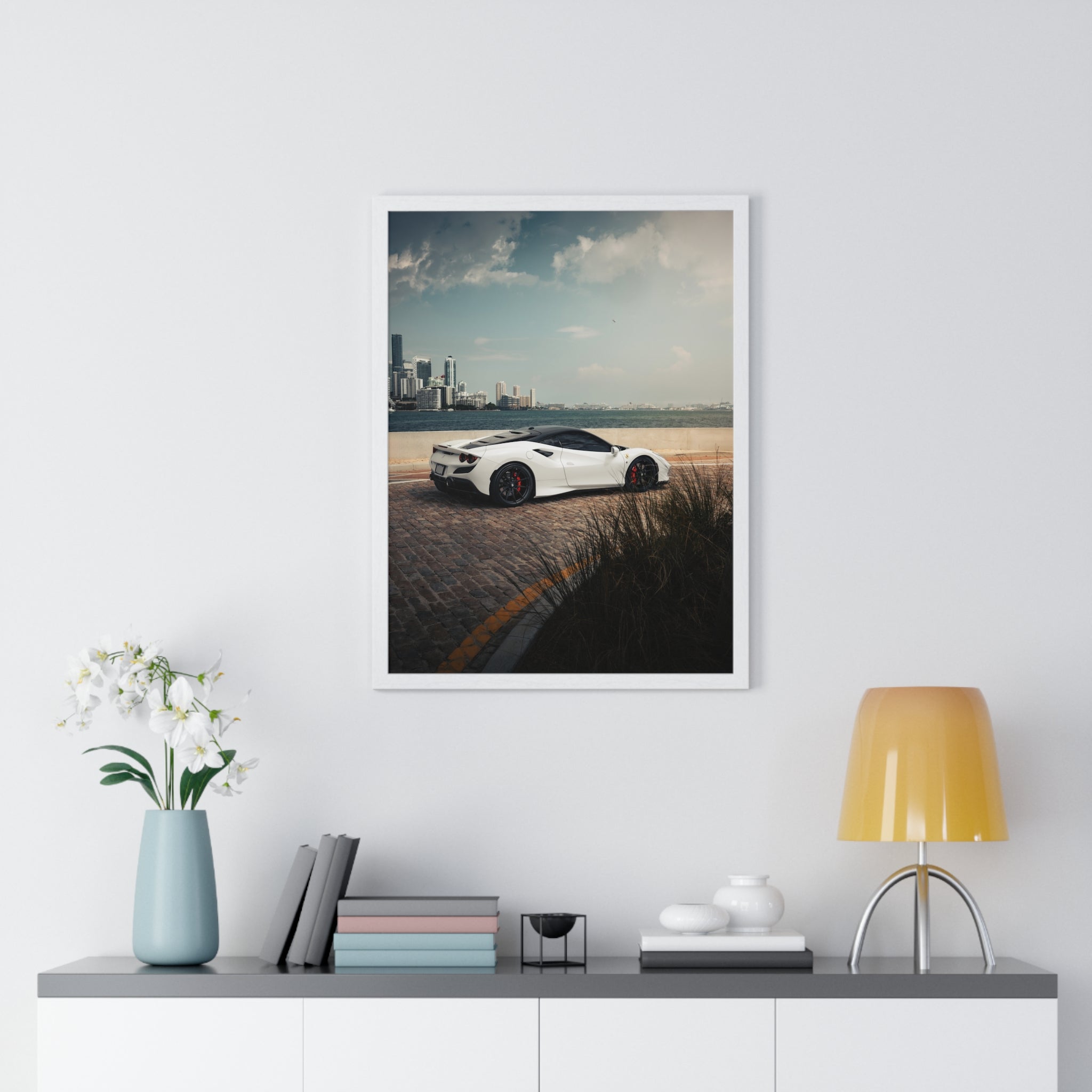 White Ferrari F8 Miami Framed Poster