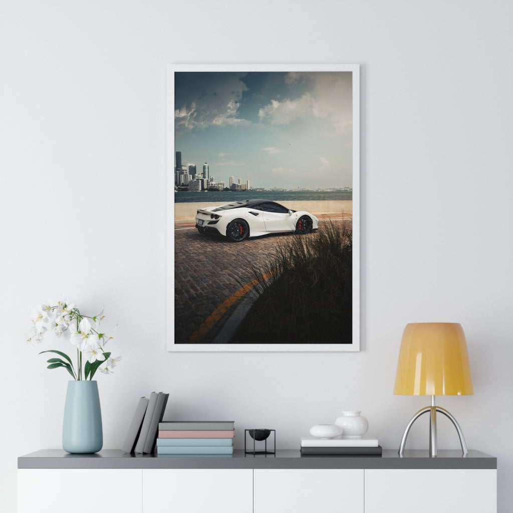 White Ferrari F8 Miami Framed Poster