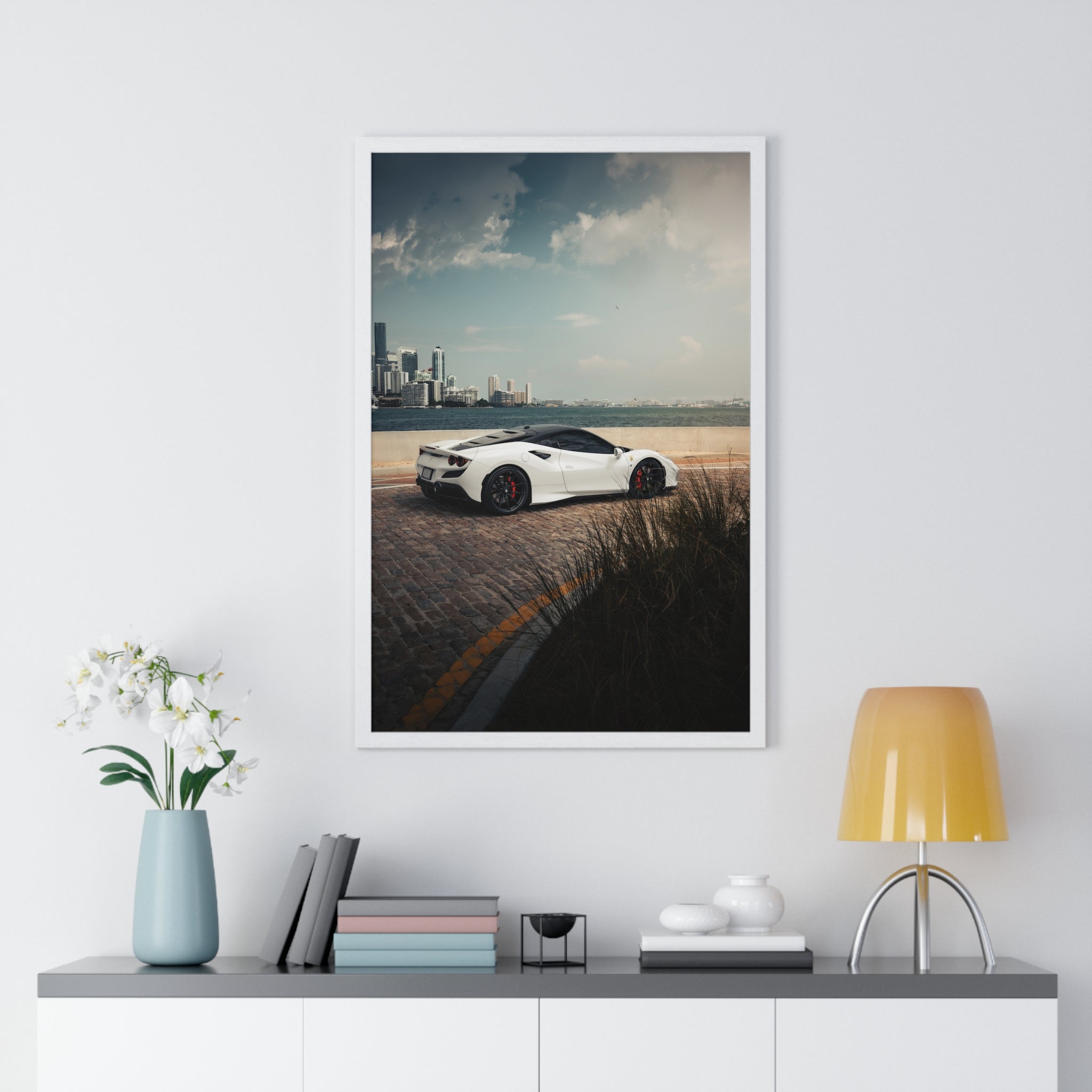White Ferrari F8 Miami Framed Poster