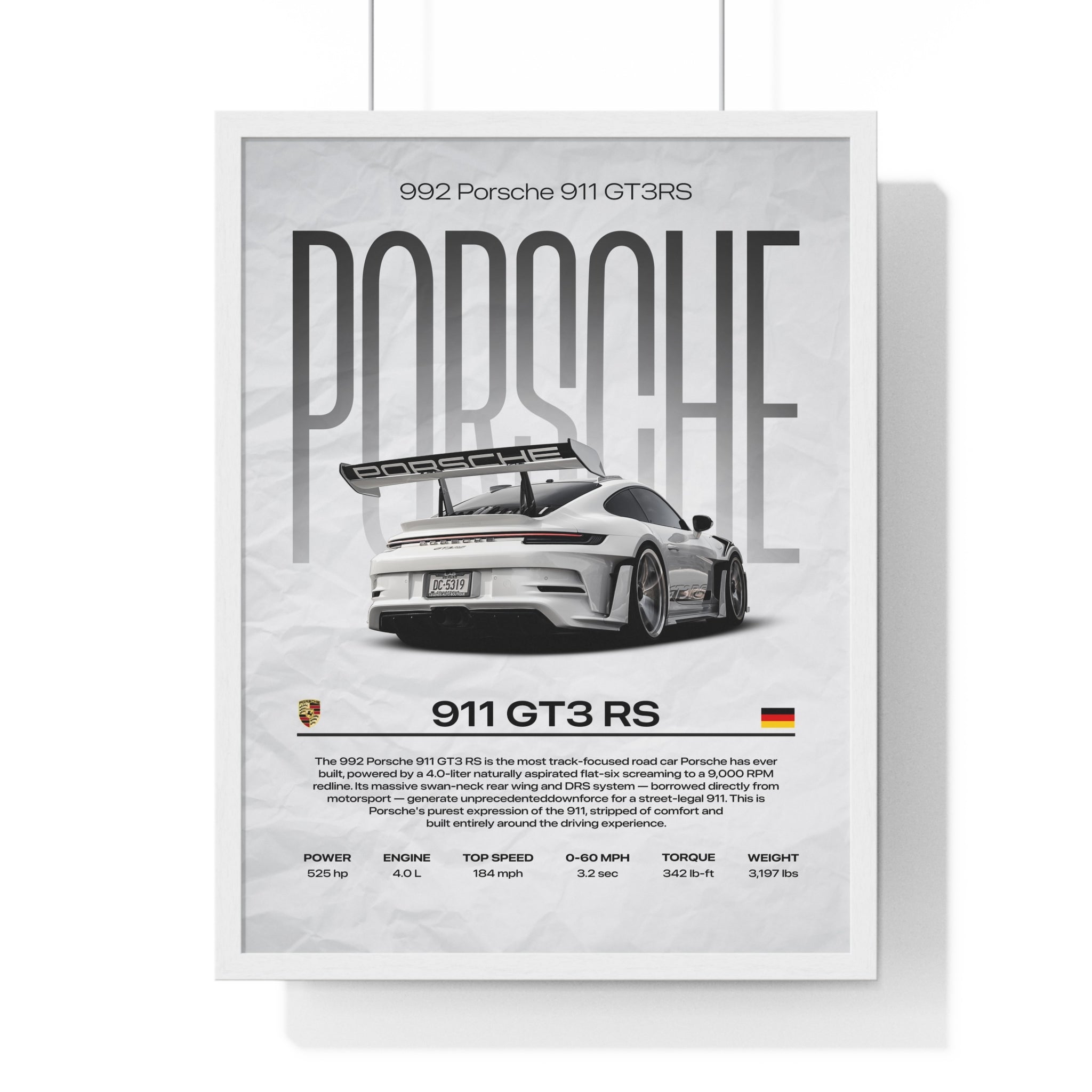 White 992 Porsche 911 GT3RS Framed Graphic Poster