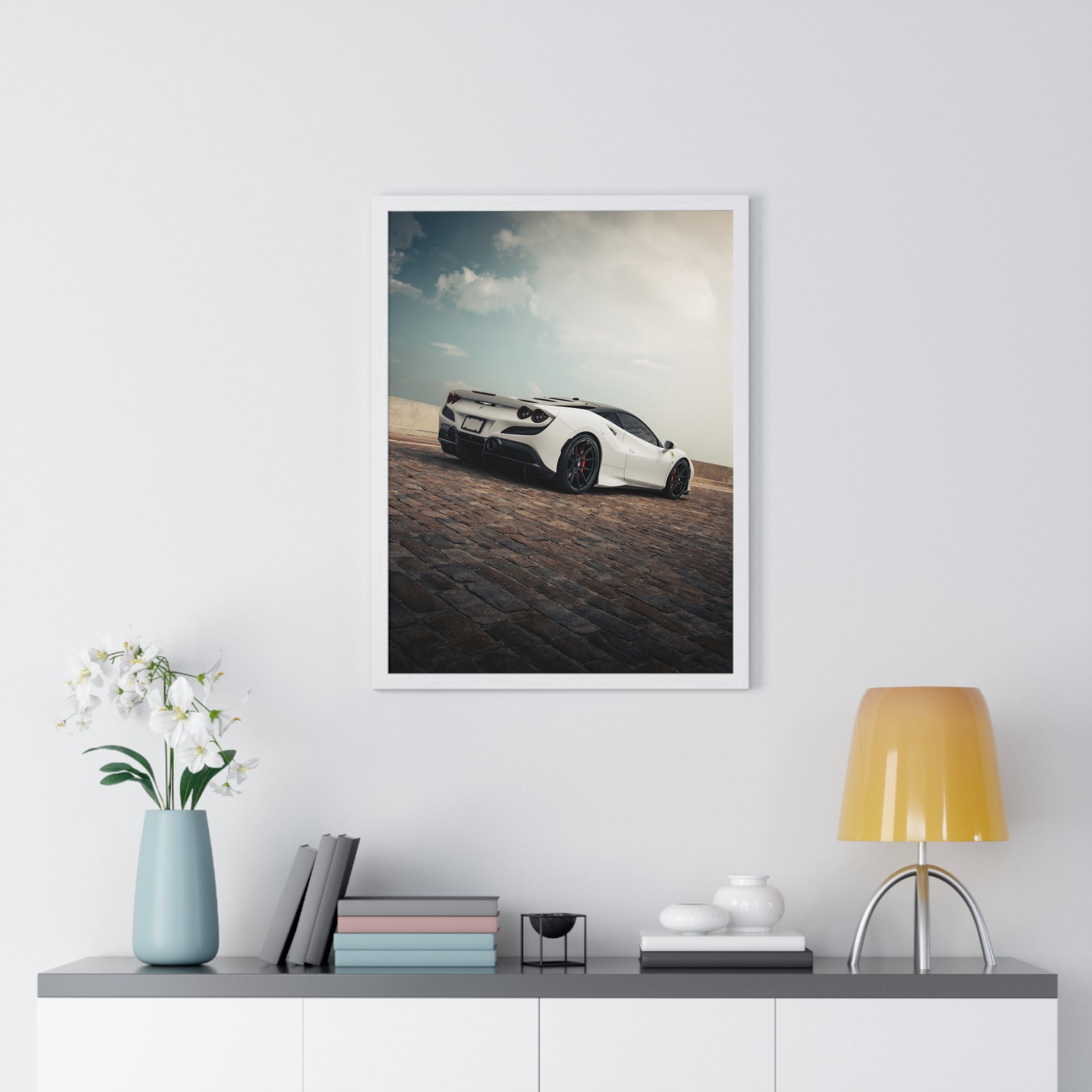White Ferrari F8 Framed Poster
