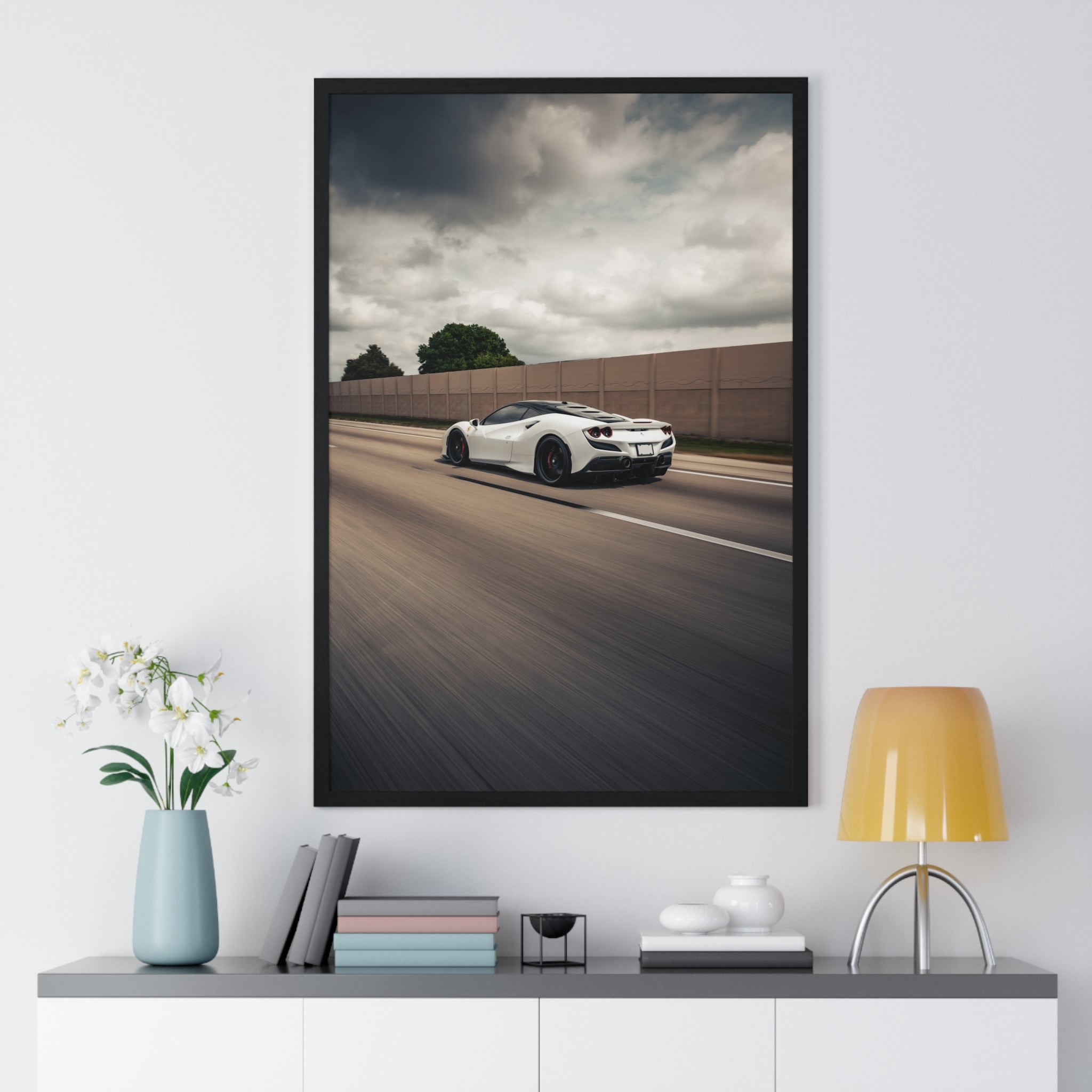 White Ferrari F8 Roller Framed Poster