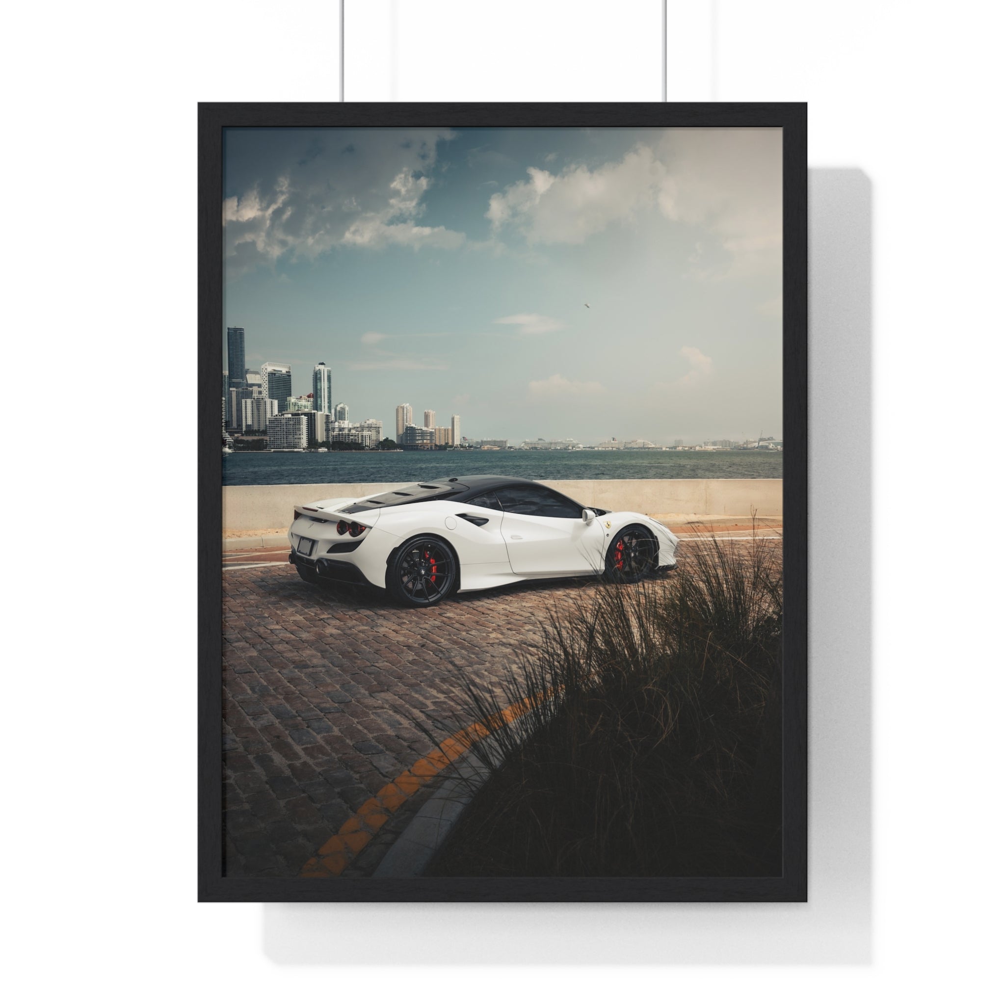 White Ferrari F8 Miami Framed Poster