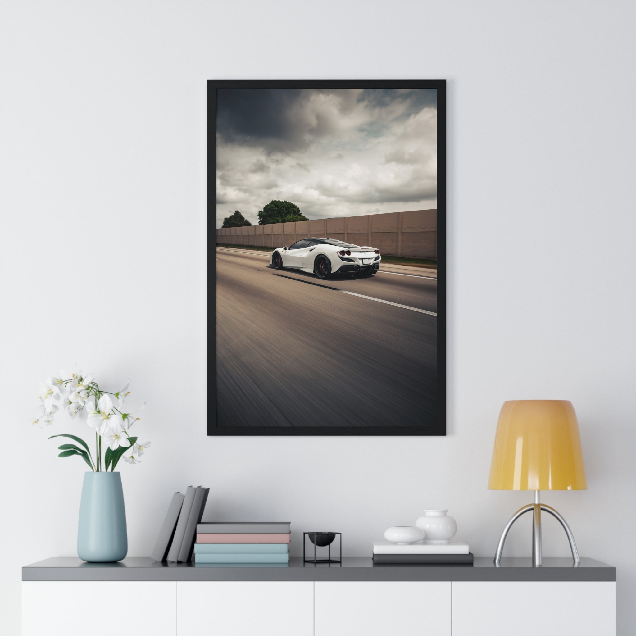 White Ferrari F8 Roller Framed Poster