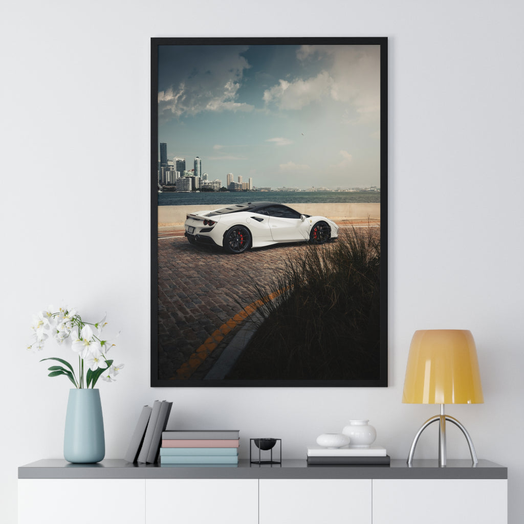 White Ferrari F8 Miami Framed Poster