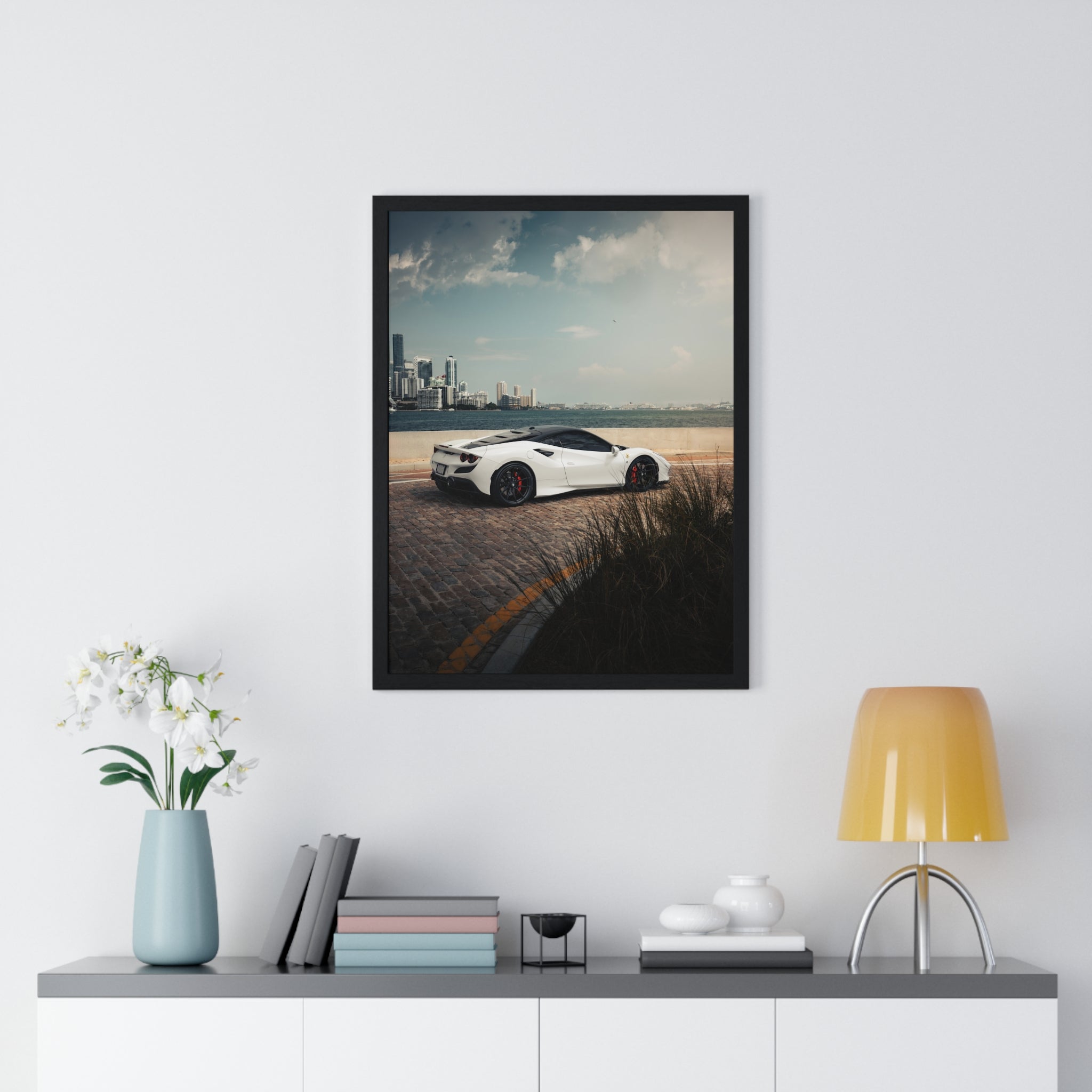 White Ferrari F8 Miami Framed Poster