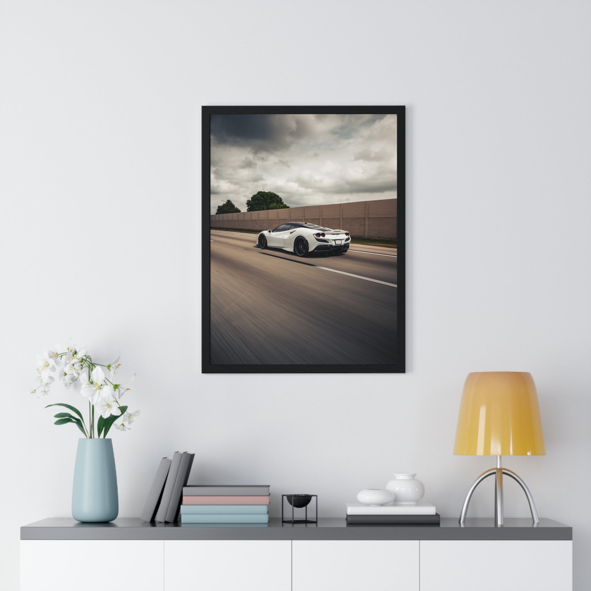 White Ferrari F8 Roller Framed Poster