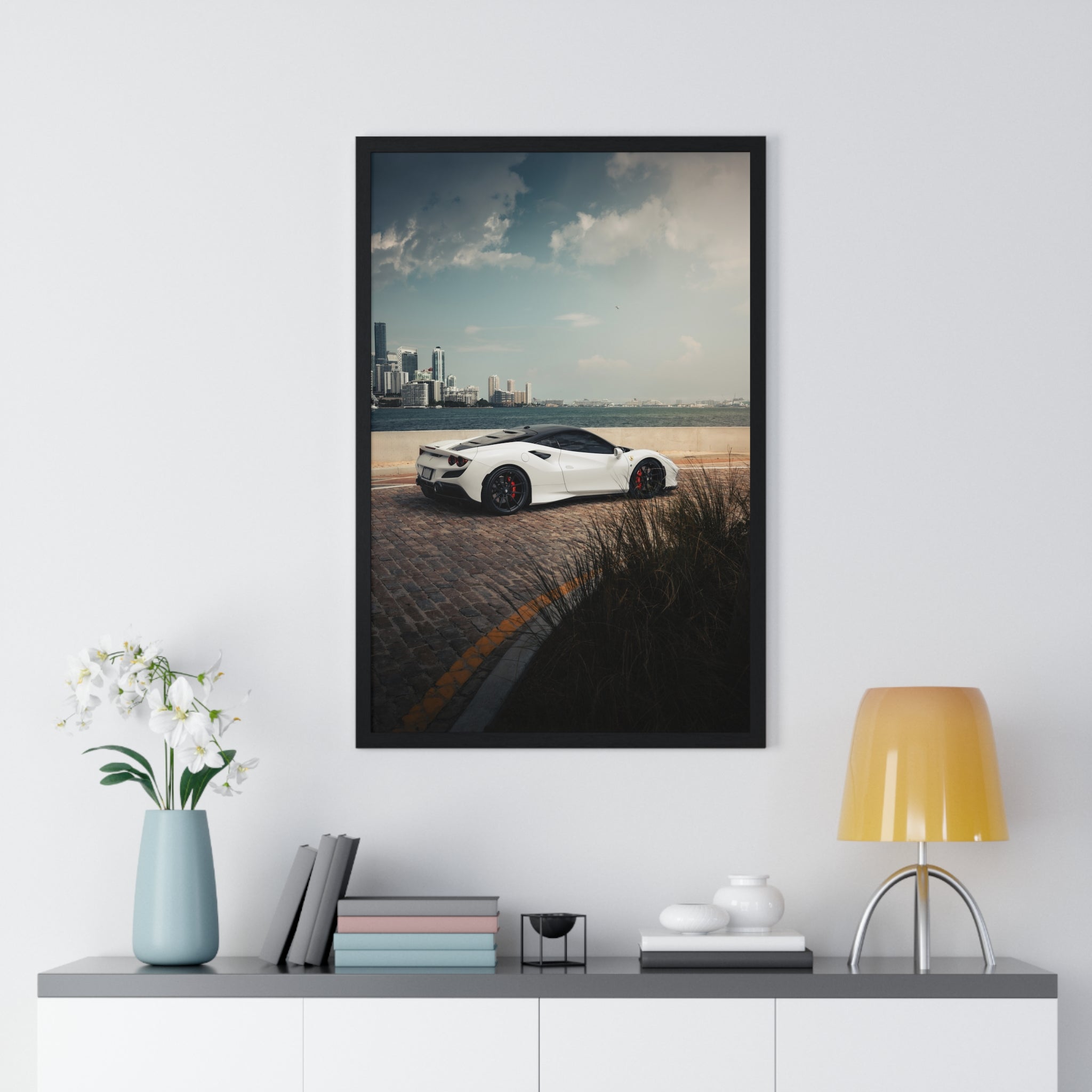 White Ferrari F8 Miami Framed Poster