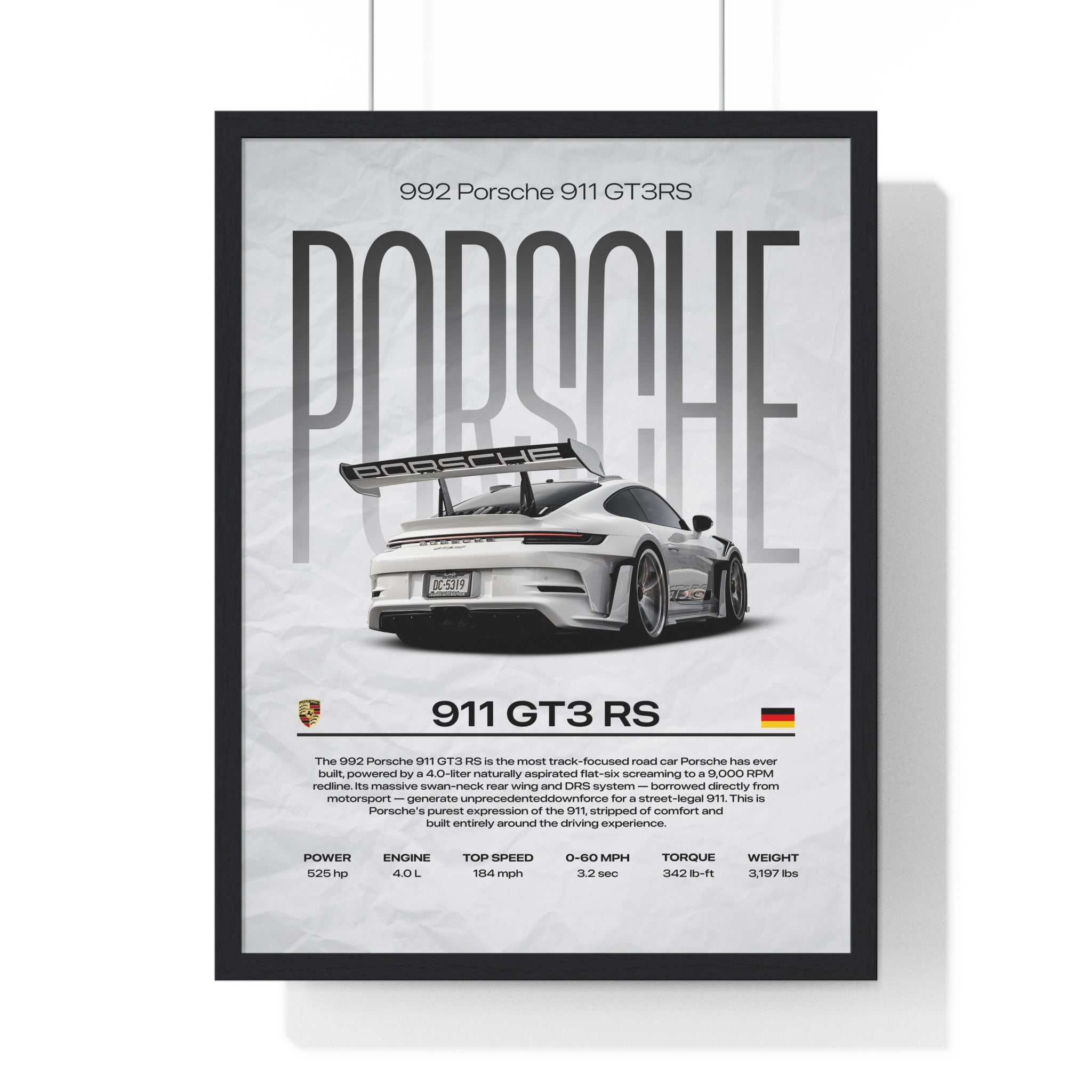 White 992 Porsche 911 GT3RS Framed Graphic Poster